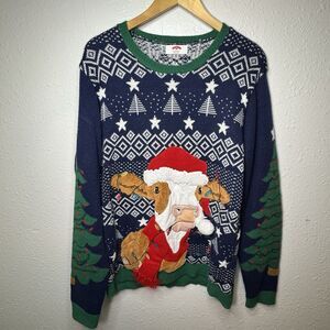 Ugly Christmas Sweater Cow Mens XL Holiday Time Festive Knit Blue Unique Fun Top
